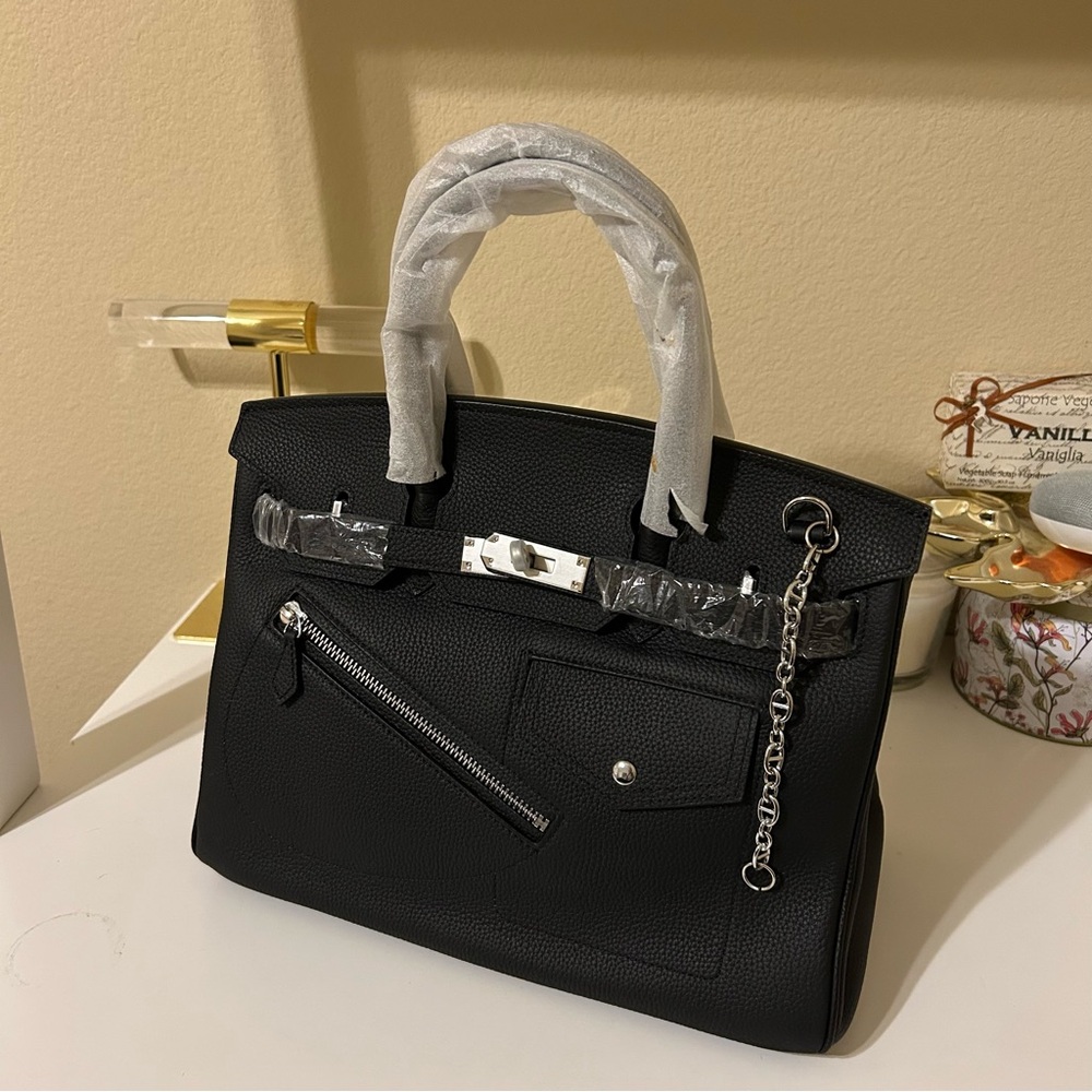 25cm Black Top Handle Rock Style Leather Satchel